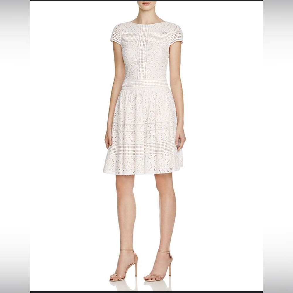 Alice + Olivia Lace Pattern Mini Dress Pleated, Eyelet Embroidered with pockets